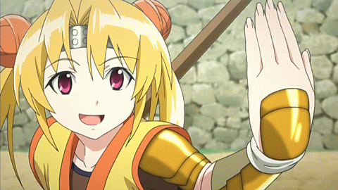 animated animated_gif armpits arrogant blonde_hair come_on gif headband hide_yoshino lowres moving_mouth provoking sengoku_otome solo taunt twintails wrist