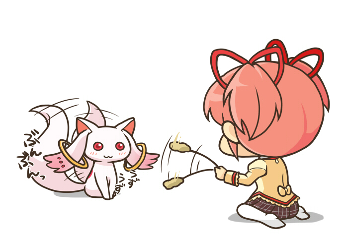 :3 blush cat_teaser chibi from_behind kaname_madoka kuji_(nmids) kyubey mahou_shoujo_madoka_magica mitakihara_school_uniform parody pink_hair school_uniform short_hair short_twintails simple_background sitting tail tail_wagging thighhighs translated twintails wariza