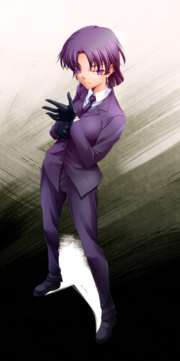 bazett_fraga_mcremitz earrings fate/hollow_ataraxia fate/stay_night fate_(series) formal gloves highres jewelry pant_suit solo suit uraomote