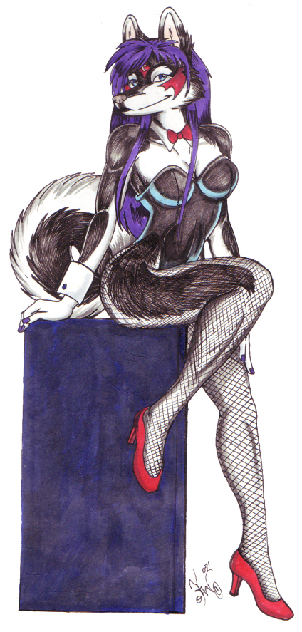 2007 black blackfrost blackfrost_(character) bow_tie bunny_suit canine female fishnet julie_wondra solo stockings tattoo wolf
