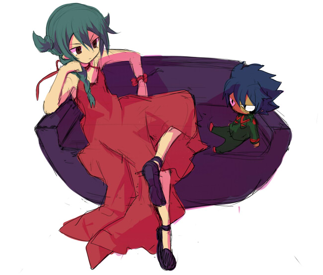 1boy black_eyes blue_hair bored braid couch crossdress crossdressing dark_skin doll dress eska_bamel frown green_hair inazuma_eleven inazuma_eleven_(series) long_hair male_focus mary_janes mistorene_callus ponytail red_dress red_eyes red_hair shoes short_hair shota simple_background sitting sketch solo trap