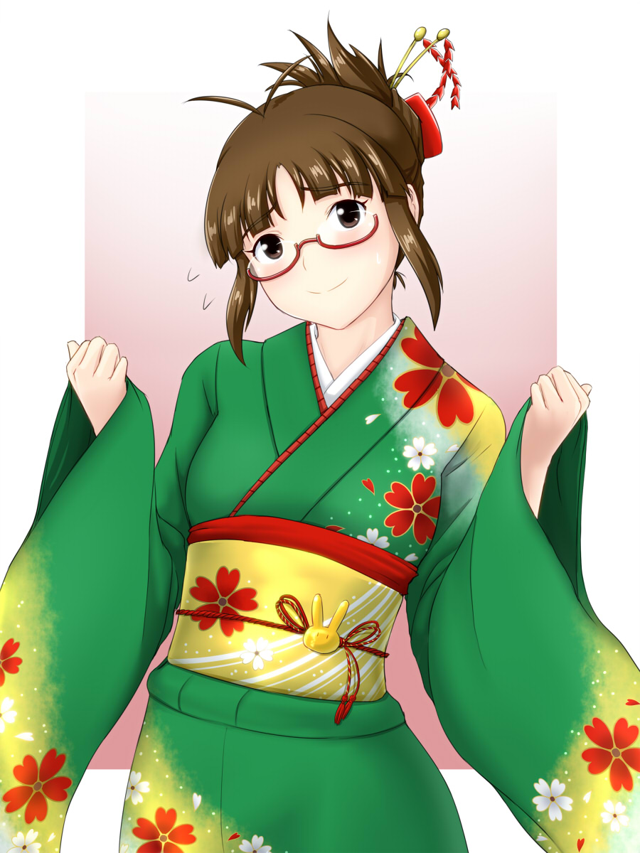 akizuki_ritsuko brown_eyes brown_hair folded_ponytail glasses green_kimono head_tilt highres idolmaster idolmaster_(classic) idolmaster_2 japanese_clothes kimono solo tengu_(tetuo_kun)