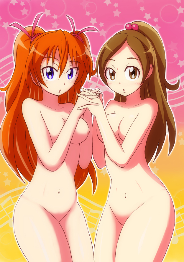 2girls big_breasts blue_eyes blush breasts brown_eyes brown_hair erect_nipples female large_breasts long_hair multiple_girls nipples nnn no_pussy nude open_mouth orange_hair ponytail precure suite_precure twintails