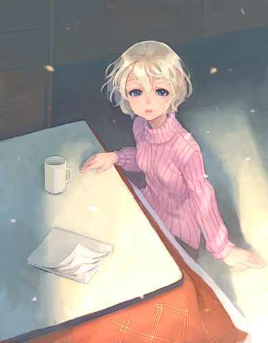 arm_at_side arm_support bangs blonde_hair blue_eyes blurry breasts cabinet cup floor from_above indoors kotatsu long_sleeves looking_at_viewer lowres mug notebook on_floor original parted_lips pink_sweater shadow short_hair sitting small_breasts solo sweater table turtleneck turtleneck_sweater weno weno's_blonde_original_character wind