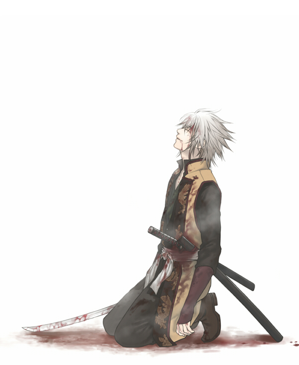 bad_id bad_pixiv_id blood closed_eyes hakuouki_shinsengumi_kitan kneeling male_focus minato_(robin) okita_souji_(hakuouki) sheath solo sword weapon white_hair