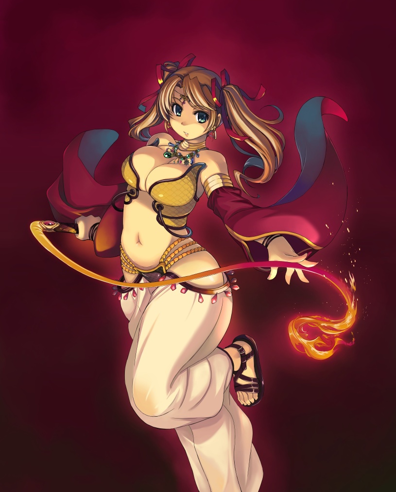 breasts brown_hair cleavage detached_sleeves fire gypsy_(ragnarok_online) harem_pants large_breasts midriff navel pants ragnarok_online ribbon sandals solo twintails whip xration