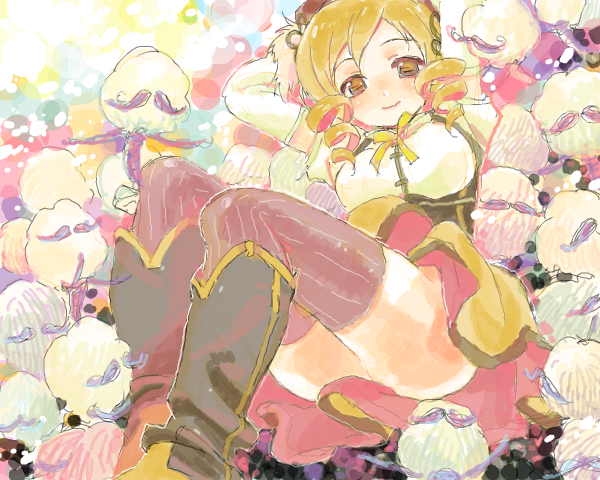 anthony_(madoka_magica) ass blonde_hair breasts drawr drill_hair hat large_breasts mahou_shoujo_madoka_magica striped striped_legwear tan_tan_tanuki thighhighs tomoe_mami