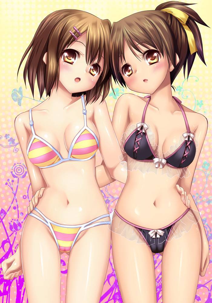 2girls bikini blush brown_hair hair_ornament hirasawa_ui hirasawa_yui k-on! multiple_girls open_mouth siblings sisters swimsuit yellow_eyes yuri