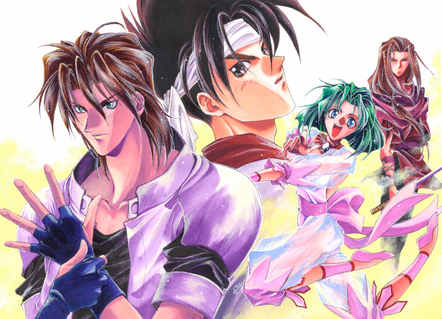 3boys 90s ahoge ankle_cuffs blue_eyes bow brown_eyes brown_hair coat eiji_shinjo ellis_(toushinden) gloves green_hair happy jewelry kayin_amoh leotard looking_at_viewer multiple_boys necklace open_mouth pants pink_bow ribbon scarf see-through see-through_sleeves sho_shinjo short_hair shuri_yasuyuki sword toushinden two-tone_background weapon white_leotard wrist_cuffs
