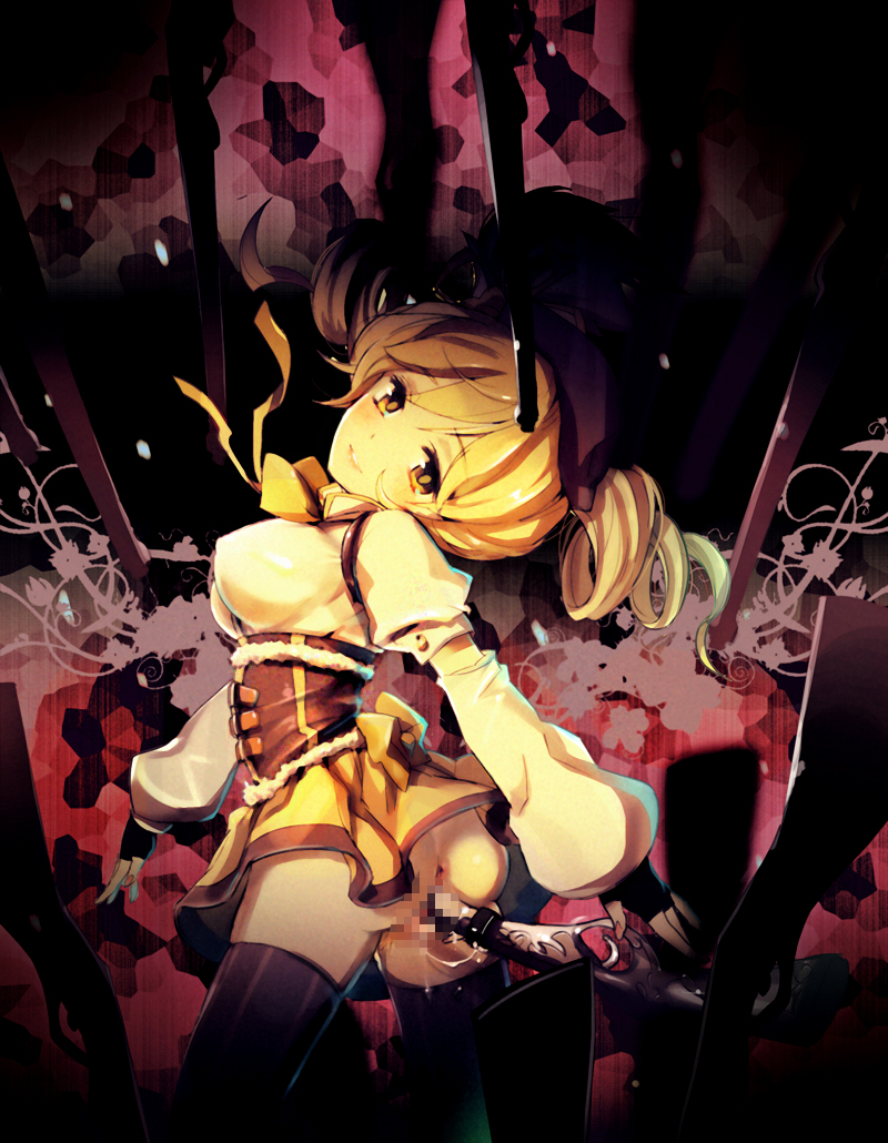 alicecrazy anus ass bad_id bad_pixiv_id blonde_hair censored drill_hair fingerless_gloves gloves gun hat magical_girl mahou_shoujo_madoka_magica rifle solo thighhighs tomoe_mami twintails vaginal weapon yellow_eyes