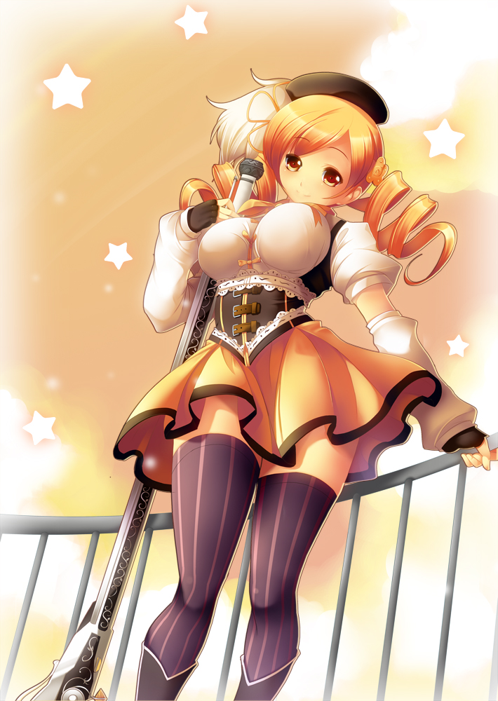 beret blonde_hair breasts corset drill_hair fingerless_gloves gloves gun hat koflif large_breasts magical_girl magical_musket mahou_shoujo_madoka_magica railing rifle sky smile solo star striped striped_legwear thighhighs tomoe_mami twin_drills twintails vertical-striped_legwear vertical_stripes weapon yellow_eyes