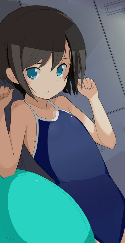 arms_up bad_id bad_pixiv_id ball beachball black_hair blue_eyes bob_cut competition_school_swimsuit copyright_request flat_chest looking_at_viewer one-piece_swimsuit school_swimsuit short_hair solo swimsuit tamakorogashi