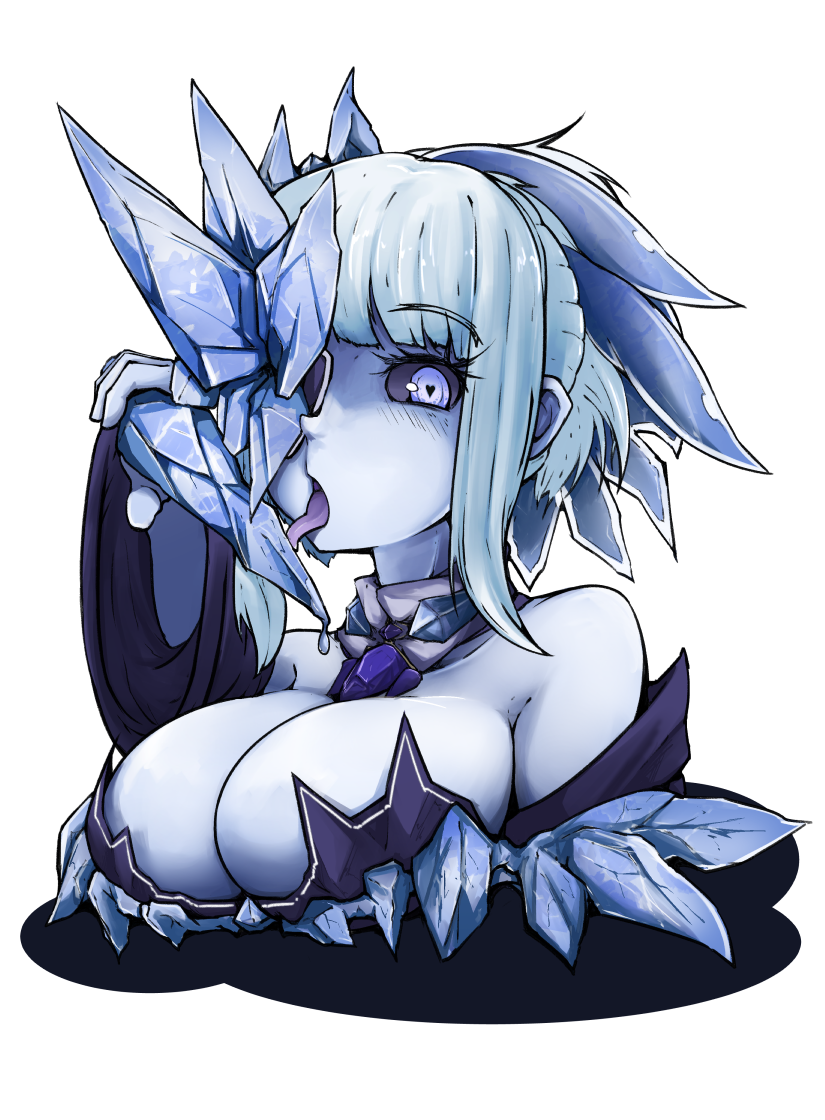 blue_eyes blue_hair blue_sclera blue_skin blush breasts cleavage eyebrows_visible_through_hair hand_up heart heart-shaped_pupils holding ice japanese_clothes kimono large_breasts long_sleeves monster_girl monster_girl_encyclopedia nanostar off_shoulder open_mouth purple_kimono short_hair solo symbol-shaped_pupils tongue tongue_out transparent_background tsurara_onna_(monster_girl_encyclopedia) upper_body wide_sleeves
