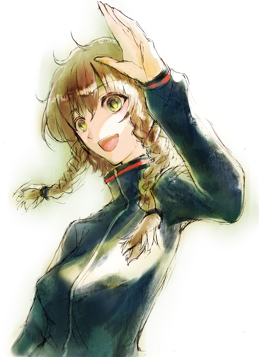 amane_suzuha blonde_hair braid highres open_mouth smile solo steins;gate track_jacket twin_braids yellow_eyes