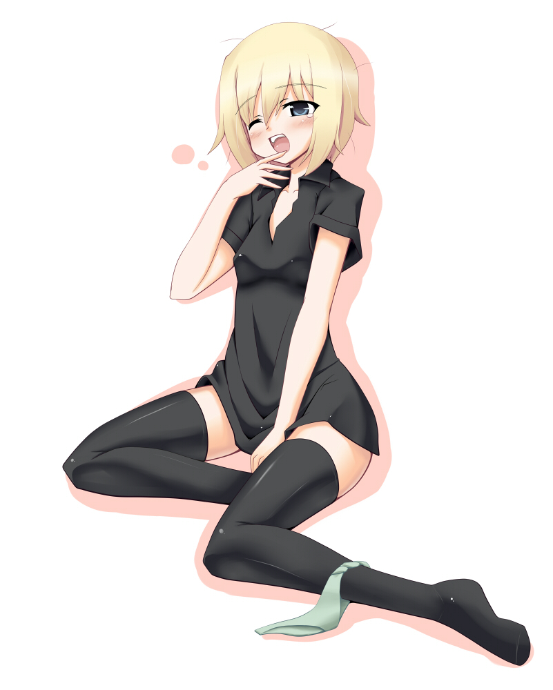 bad_id bad_pixiv_id black_legwear blonde_hair blue_eyes blush bottomless dobunezumi erica_hartmann hand_to_own_mouth one_eye_closed open_mouth panties panties_around_one_leg short_hair solo strike_witches tears thighhighs underwear world_witches_series yawning