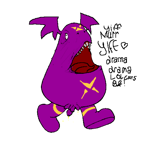 balls darkdoomer dragoneer_(character) drama grimace_(mcdonalds) hate_art markings open_mouth penis purple solo white_background wings