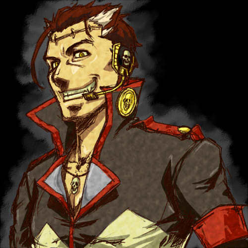 big_al brown_hair grin headphones headset jewelry lowres male_focus namahamu_banana necklace popped_collar skull skull_necklace smile solo stitches vocaloid yellow_eyes