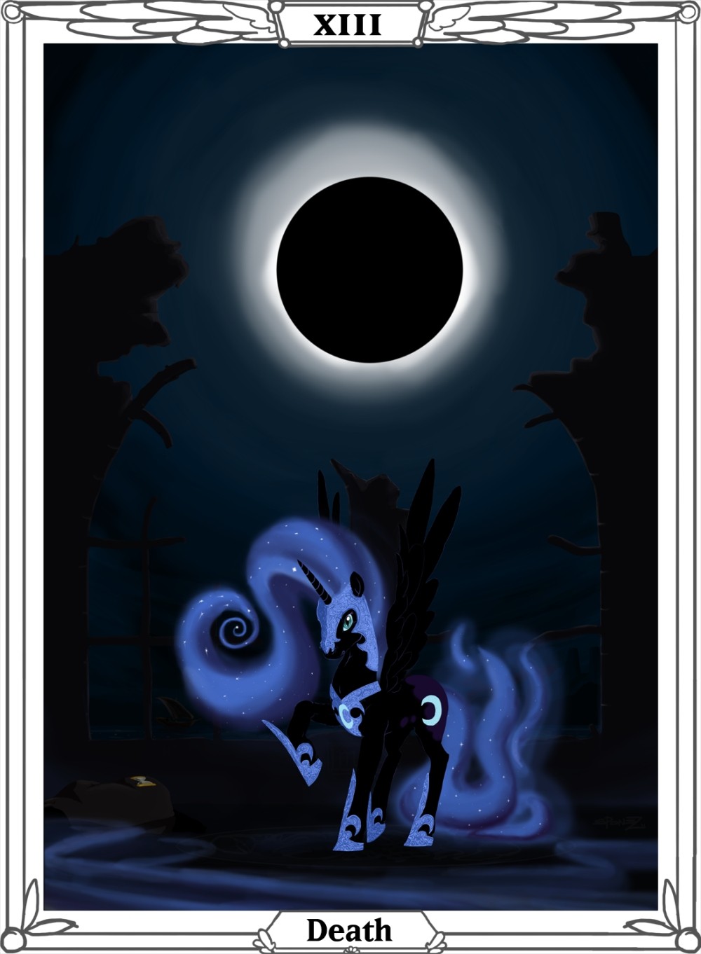 armor black building crescent_moon eclipse equine female feral friendship_is_magic green_eyes horns horse my_little_pony nightmare_moon_(mlp) pegacorn pony purple_hair solo tarot unknown_artist wings