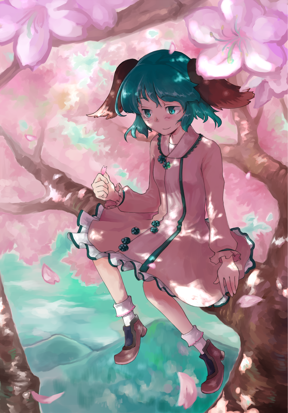 animal_ears blush cherry_blossoms dress green_eyes green_hair highres in_tree kasodani_kyouko looking_down petals short_hair sitting sitting_in_tree smile solo touhou tree turnnail