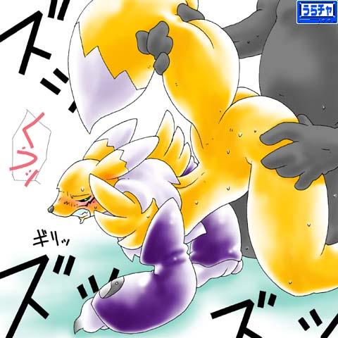 all_fours blush canine digimon doggy_position drool elbow_gloves female fox from_behind male raised_tail renamon saliva sex straight sweat tail tail_grab unknown_artist yellow
