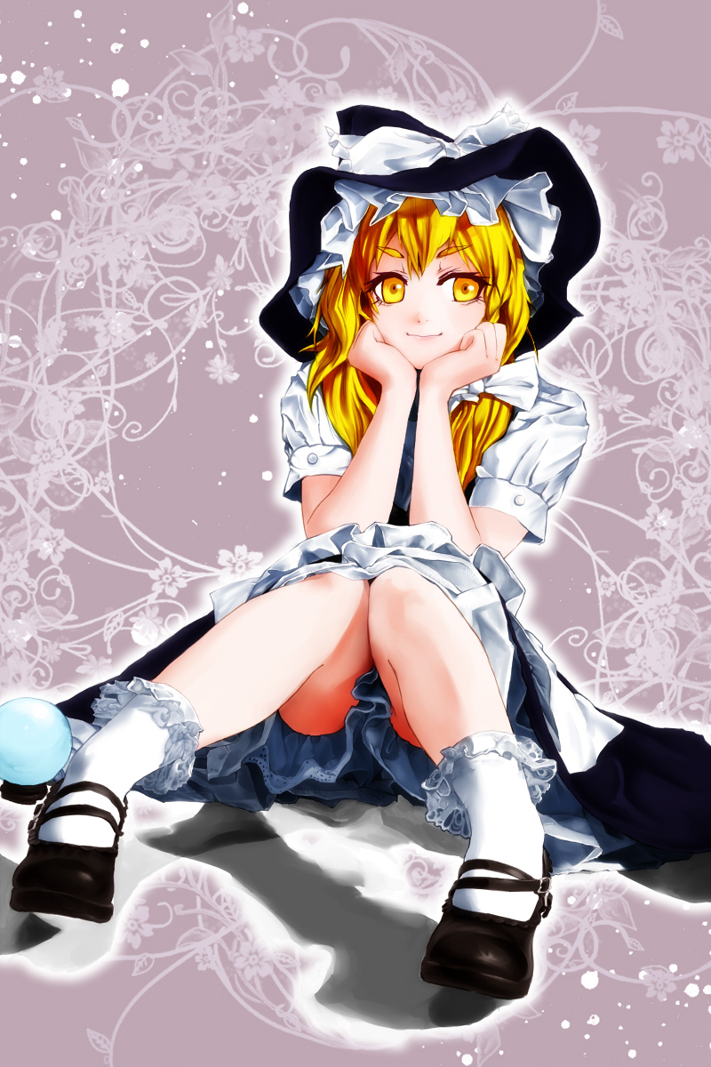 blonde_hair bobby_socks bow chin_rest hat highres kirisame_marisa lace legs mary_janes shoes skirt smile socks solo taiti touhou witch_hat yellow_eyes