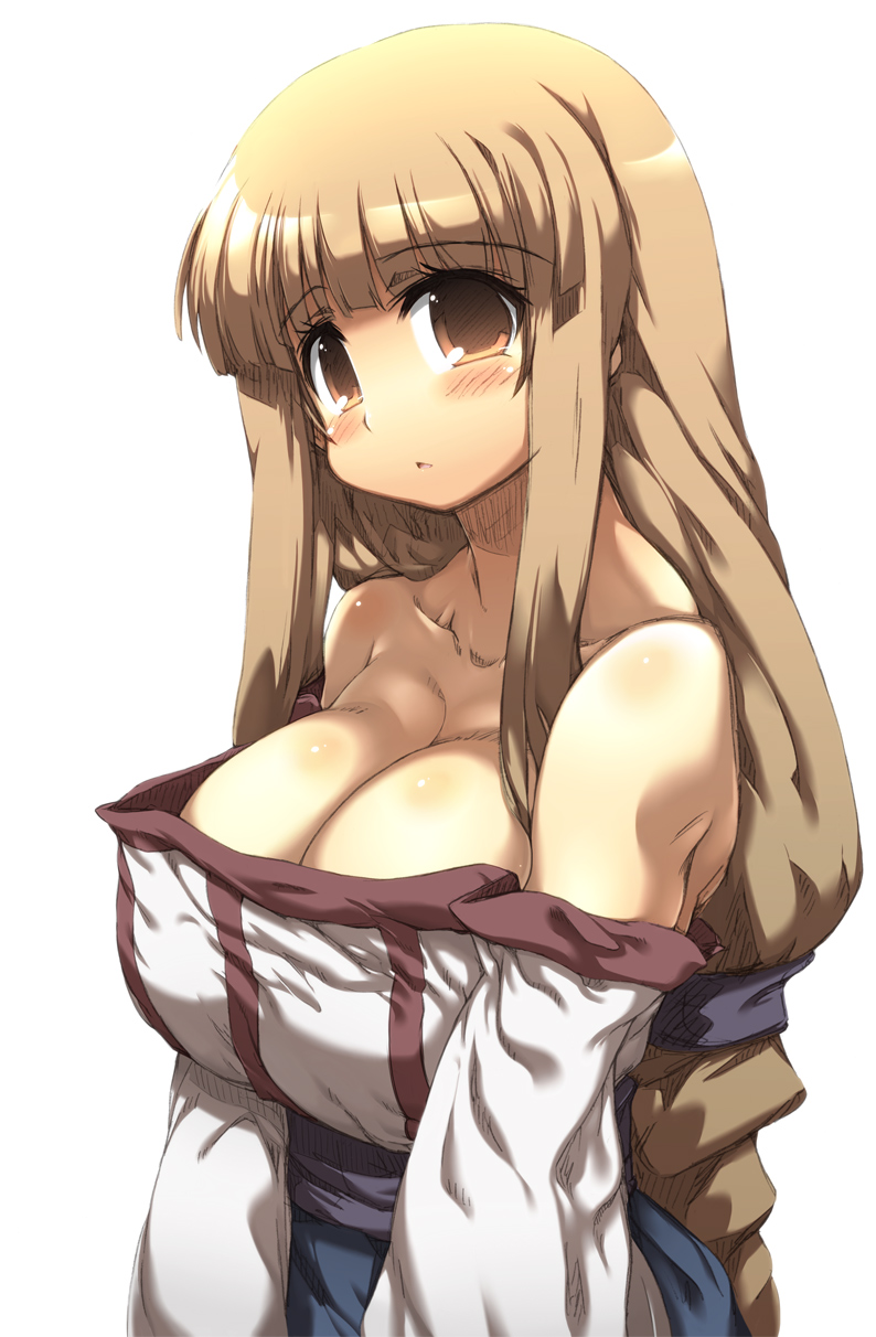arc_the_lad bare_shoulders blonde_hair breasts brown_eyes cleavage highres large_breasts lieza long_hair simple_background solo tokyo_(great_akuta)