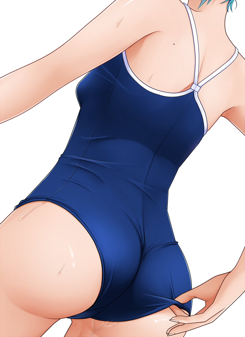 adjusting_clothes adjusting_swimsuit ass back close-up competition_school_swimsuit dutch_angle eto from_behind hatsune_miku mole mole_on_body one-piece_swimsuit simple_background swimsuit vocaloid water_drop wedgie wet