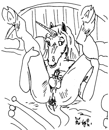 anus balls bed curled_up digitigrade equine hooves horns legs_up male on_back penis solo uni-boy unicorn