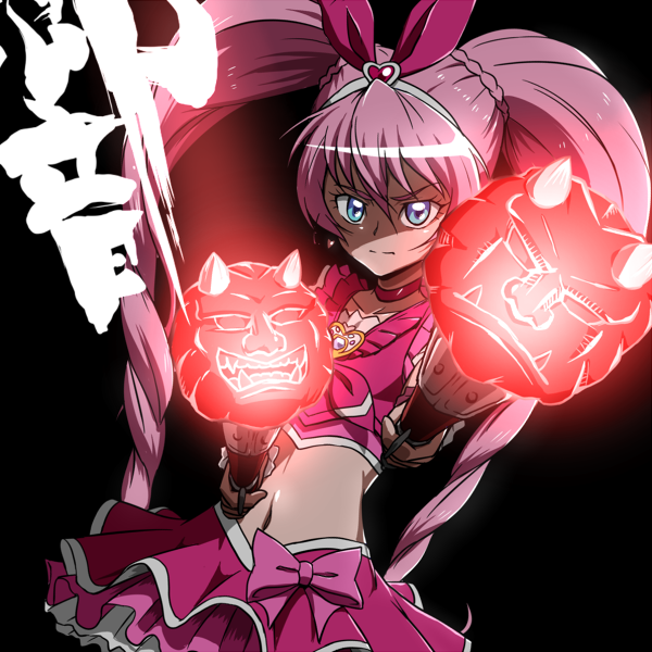 blue_eyes bow choker cure_melody dark eyelashes glowing hairband houjou_hibiki kamen_rider kamen_rider_hibiki kamen_rider_hibiki_(series) long_hair magical_girl namesake navel oni pink_bow pink_choker pink_hair precure shaded_face simple_background suite_precure tj-type1 twintails