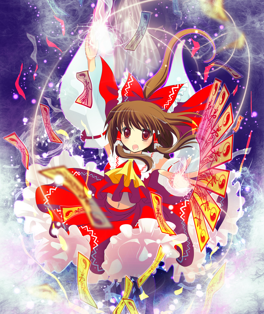 ascot bad_id bad_pixiv_id blurry bow brown_hair depth_of_field detached_sleeves hair_bow hakurei_reimu long_hair midriff natsukawa_sarasa navel ofuda outstretched_hand ponytail red_eyes skirt solo spell_card touhou