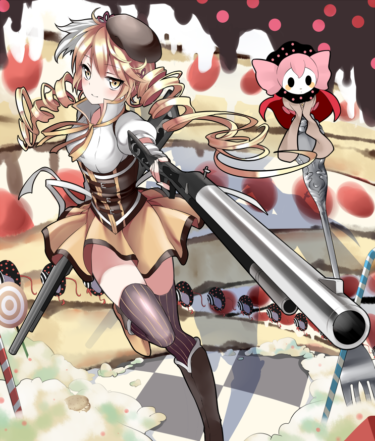 aiming bad_id bad_pixiv_id beret blonde_hair bon boots cake charlotte_(madoka_magica) checkered checkered_floor drill_hair food fork gun hair_ornament hat magical_girl mahou_shoujo_madoka_magica puffy_sleeves shadow smile solo thighhighs tomoe_mami twintails weapon witch's_labyrinth yellow_eyes