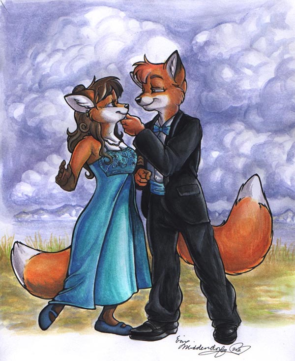 brown_hair canine classy cloud clouds dingbat dress duo erin_middendorf eye_contact female fox hair looking_at_each_other male mammal necktie prom romantic suit tuxedo