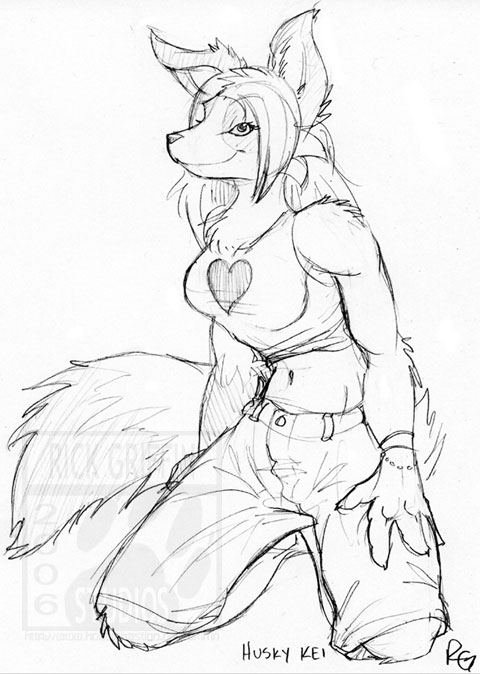 &hearts; 2006 breasts canine female hair husky_kei kneeling long_hair pants rickgriffin solo tail tank_top