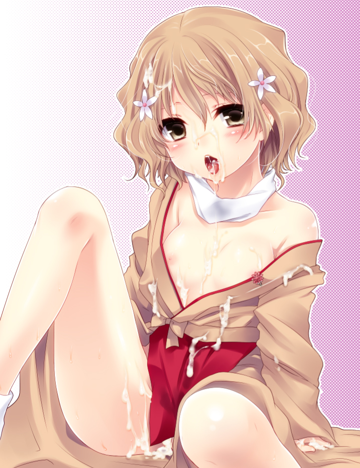 after_sex blush breasts brown_eyes brown_hair cum cum_in_mouth cum_in_pussy cum_on_body cum_on_clothes flower hair_flower hair_ornament hanasaku_iroha japanese_clothes kissuisou_uniform matsumae_ohana nakai_(waitress) nipples open_clothes open_mouth short_hair small_breasts solo yukian