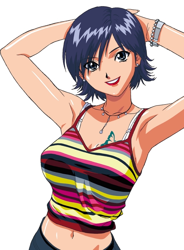 armpits arms_up blue_eyes blue_hair bra breasts camisole earrings jewelry katsura_ken'ichirou large_breasts lingerie lipstick makeup midriff miki_(viper) navel necklace short_hair simple_background smile solo tattoo underwear viper viper_ctr white_background