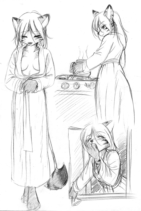 abluedeer black_and_white breasts canine coffee eyes_closed female hair jensca kimber kitchen kitwulfen markings monochrome open_mouth robe sketch solo standing tail tea tired walking window yawn