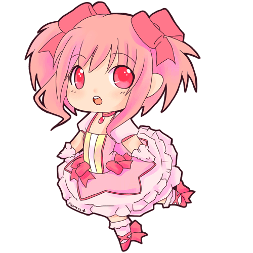 bubble_skirt chibi full_body gloves hair_ribbon kaname_madoka kenneos lowres magical_girl mahou_shoujo_madoka_magica open_mouth pink_eyes pink_hair ribbon shoes short_twintails skirt solo transparent_background twintails white_gloves