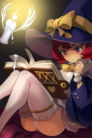 banned_artist book candle dalraeya hat long_sleeves lowres panties purple_eyes red_hair short_hair solo sword_girls thighhighs underwear wax white_legwear white_panties wings witch witch_hat xil