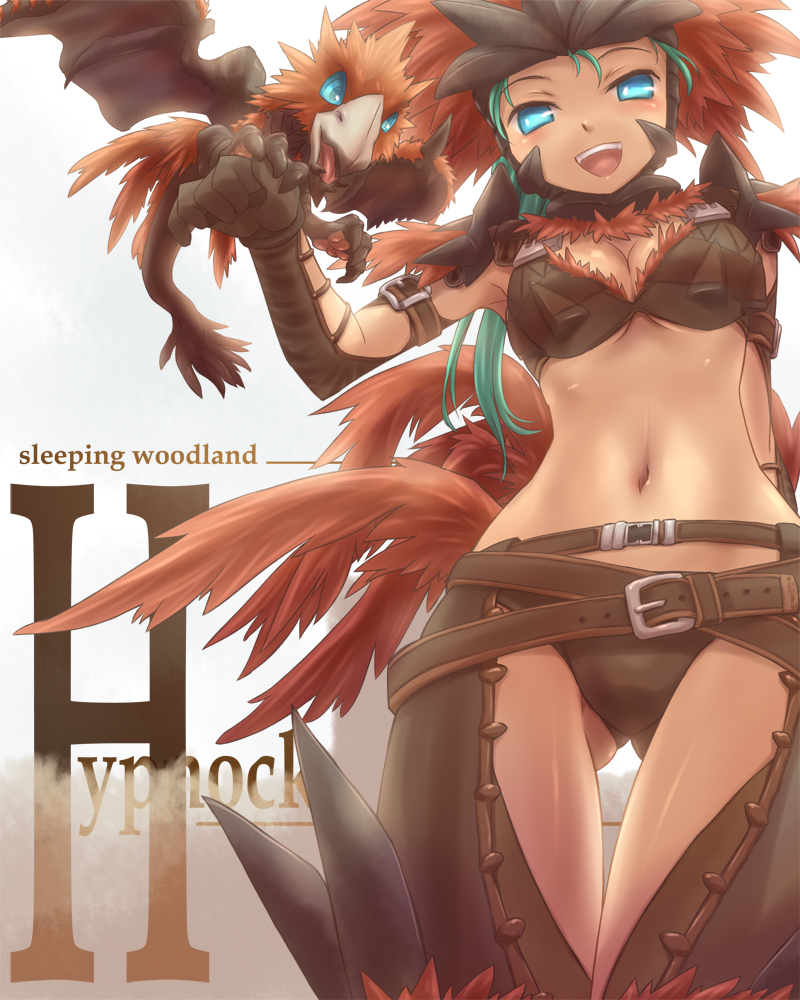 arm_behind_back armlet armor belt beltskirt bikini_armor bird blue_eyes breasts cleavage feathers gloves green_hair headdress hypnocatrice hypnocatrice_(armor) long_hair looking_down medium_breasts midriff monster_hunter monster_hunter_frontier multiple_belts navel open_mouth text_focus tsukigami_chronica wings