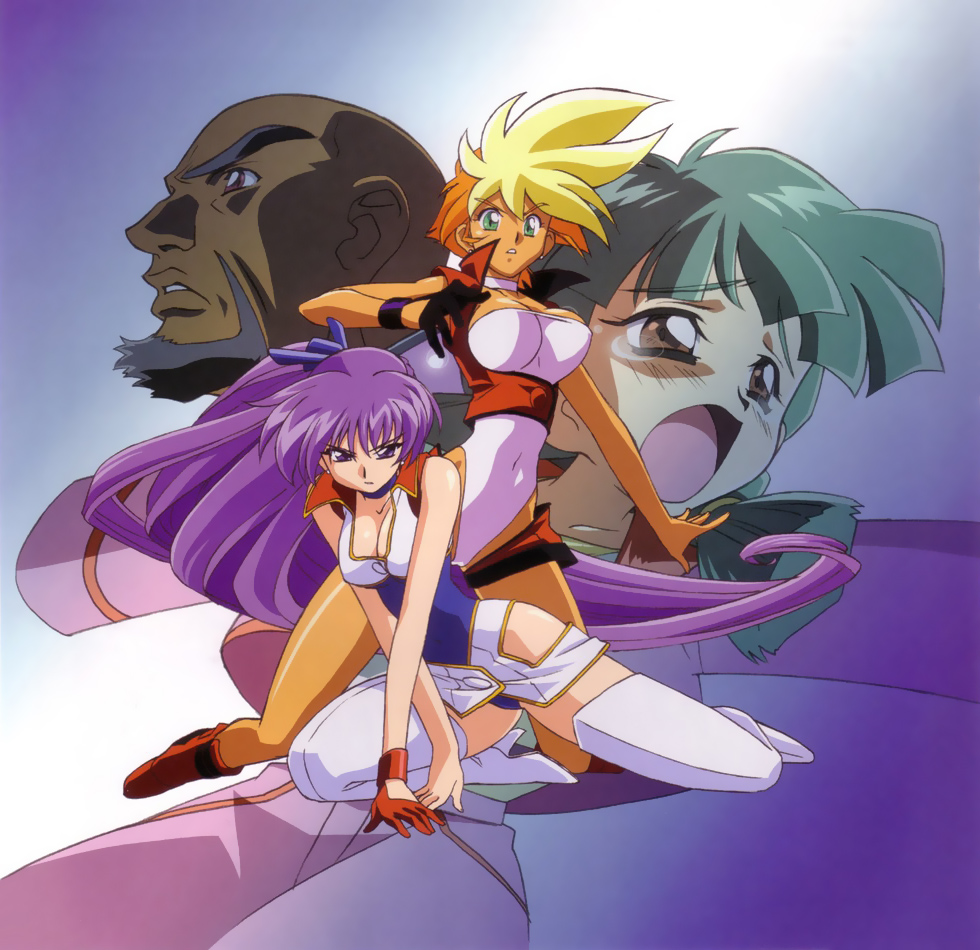 3girls 90s boots breasts cameltoe character_request cleavage covered_navel covered_nipples dark_skin dirty_pair dirty_pair_flash earrings green_eyes jewelry kei_(dirty_pair) kimura_takahiro large_breasts long_legs multicolored_hair multiple_girls official_art open_mouth orange_hair purple_eyes purple_hair short_hair simple_background tears thigh_boots thighhighs white_legwear yuri_(dirty_pair)