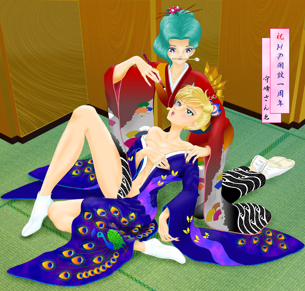 2girls bishoujo_senshi_sailor_moon japanese_clothes kaiou_michiru kimono makeup multiple_girls open_clothes open_kimono ten'ou_haruka tenou_haruka