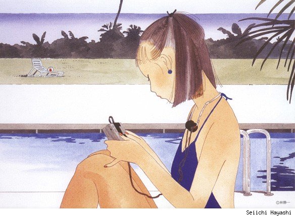brown_hair copyright_request earrings game_boy halterneck handheld_game_console hayashi_seiichi headphones headphones_around_neck jewelry playing_games pool short_hair sitting solo swimsuit