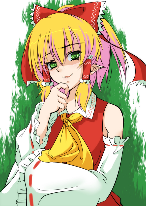 ascot aura bare_shoulders blonde_hair bow chin_rest cosplay detached_sleeves green_eyes hair_bow hair_tubes hakurei_reimu hakurei_reimu_(cosplay) hoshirou mizuhashi_parsee open_mouth pointy_ears short_hair smile solo touhou
