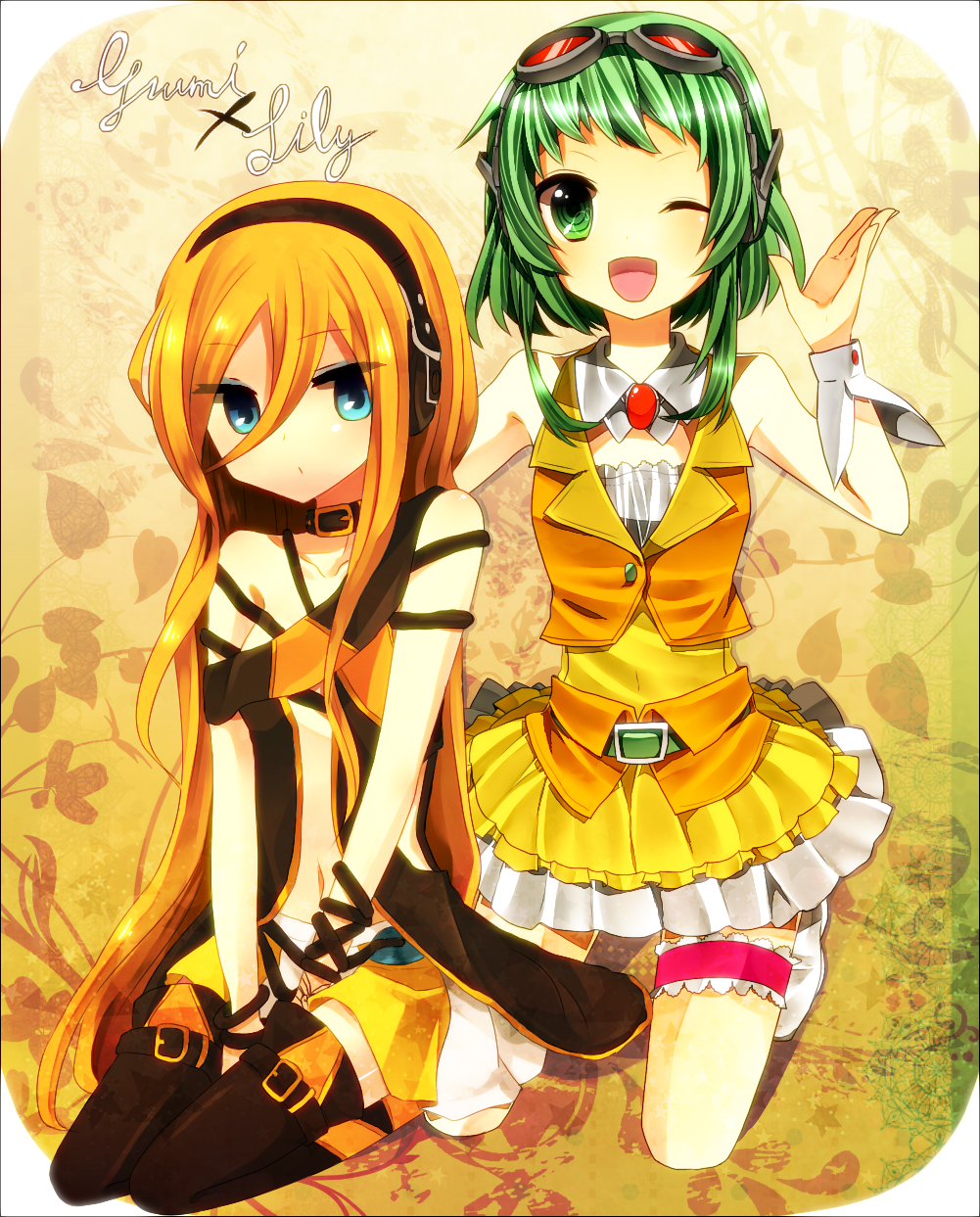 bad_id bad_pixiv_id blonde_hair blue_eyes boots goggles goggles_on_head green_eyes green_hair gumi headphones highres lily_(vocaloid) long_hair manio multiple_girls navel one_eye_closed short_hair skirt smile thigh_boots thighhighs vocaloid wrist_cuffs