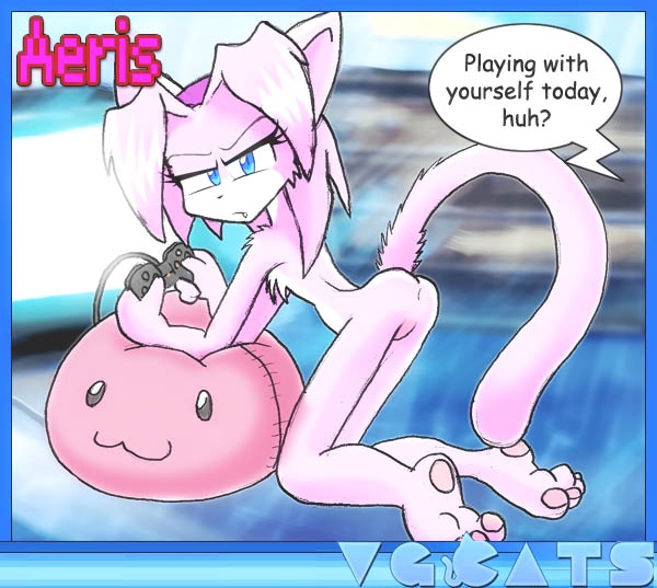 aeris_(vg_cats) all_fours bean_bag blue_eyes cat chest_tuft dialogue english_text feline female hair looking_at_viewer pink pink_hair raised_tail short_hair short_pink_hair solo tail unknown_artist vgcats video_games