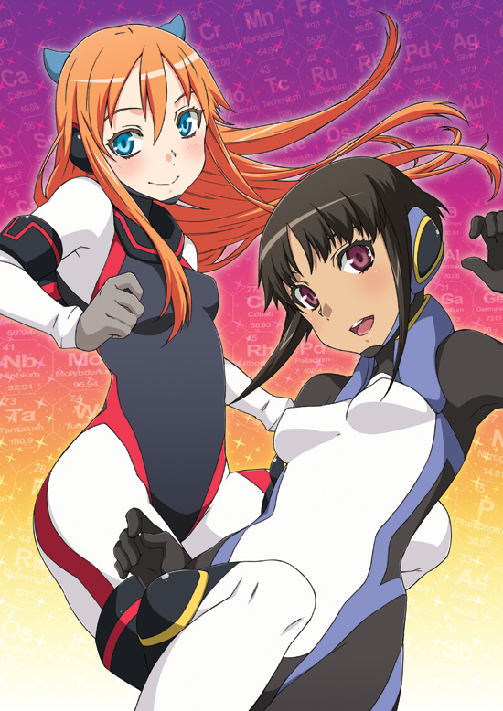 :d ally_connolly bangs black_hair blue_eyes blush bob_cut bodysuit breasts chiara_ferina clenched_hand dark_skin ear_covers element_hunters floating_hair gloves gradient gradient_background hand_up kuroo_(project_apricot) long_hair looking_at_viewer multiple_girls open_mouth orange_hair outline periodic_table purple_eyes raglan_sleeves short_hair short_hair_with_long_locks sidelocks small_breasts smile