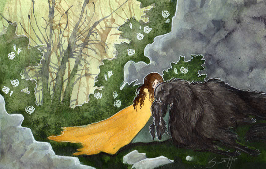 cloak couple creature female forest human male savannah_horrocks tears tree watercolour
