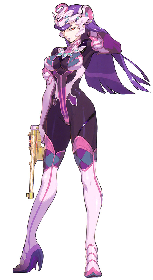 arm_behind_back bodysuit boots breasts fujimoto_hideaki full_body gun handgun headgear helmet high_heels jewelry long_hair medium_breasts official_art persephone_(wild_arms) purple_hair red_eyes scan shoes simple_background skin_tight smile snake solo thigh_boots thighhighs weapon white_background wild_arms wild_arms_5