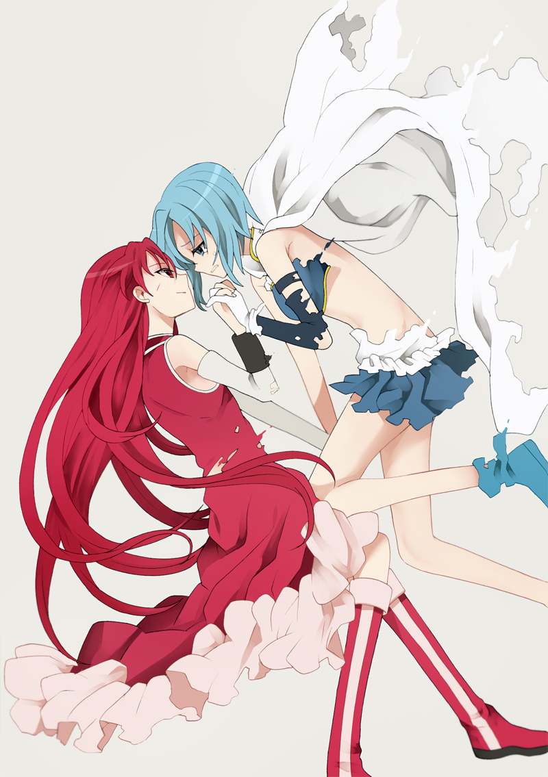 alternate_hairstyle blue_hair boots cape detached_sleeves dissolving_clothes eye_contact gloves hair_down holding_hands long_hair looking_at_another magical_girl mahou_shoujo_madoka_magica miki_sayaka multiple_girls red_hair sakura_kyouko short_hair simple_background skirt smile tears tiihatanono torn_clothes white_gloves
