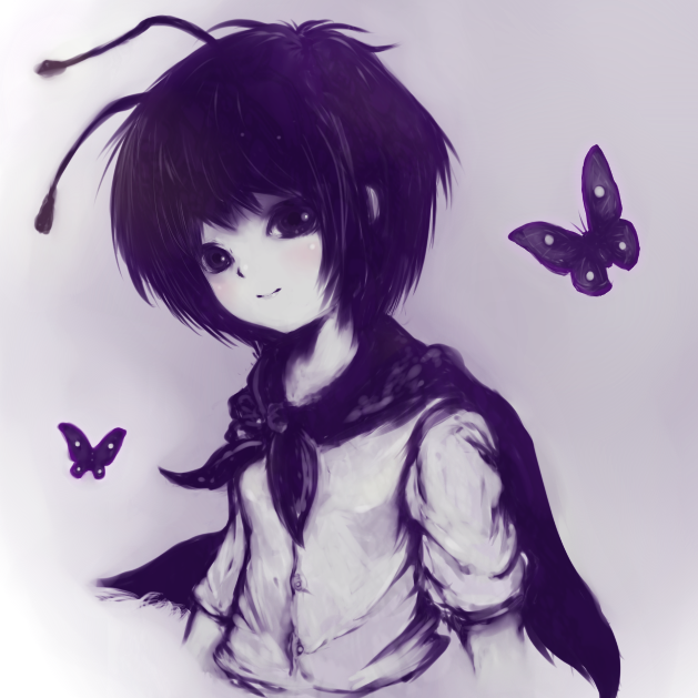 antennae bug butterfly c.n.c. cape insect monochrome short_hair short_sleeves simple_background smile solo touhou upper_body wriggle_nightbug